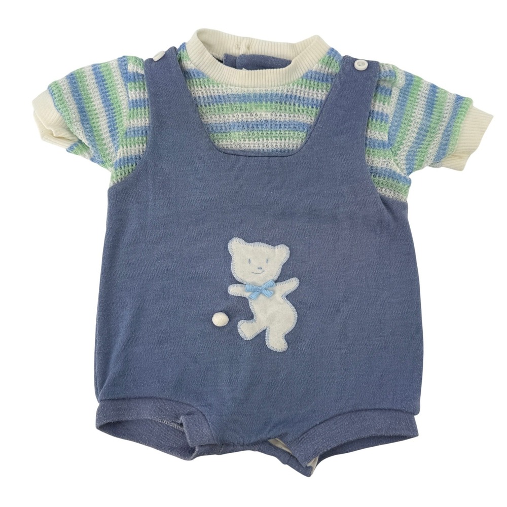 Vintage Baby Bliss Blue‎ Knit Teddy Bear Romper Striped Short Sleeve Medium